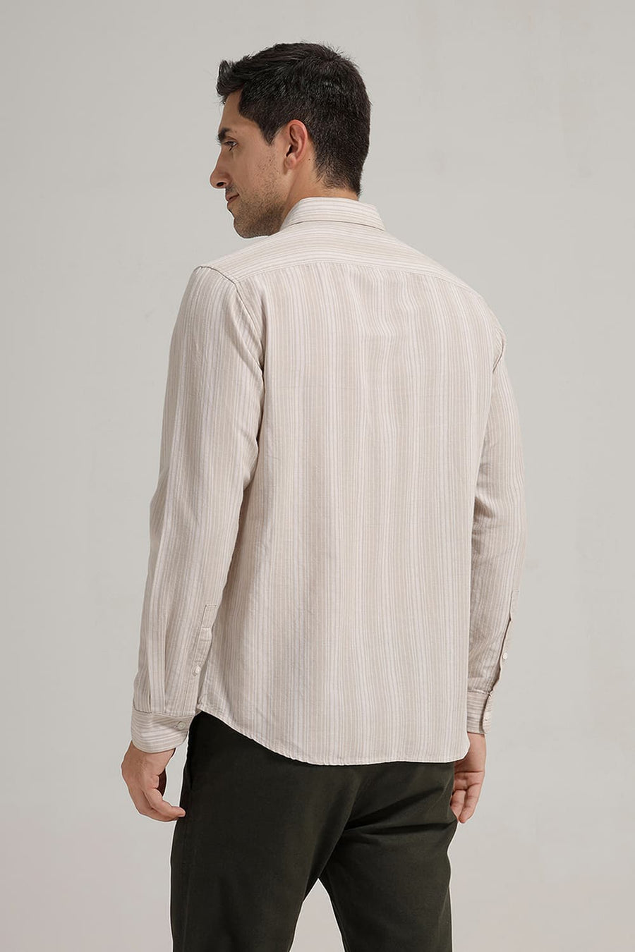 BASICS SLIM FIT NATURAL PALE COTTON LINEN STRIPE SHIRT