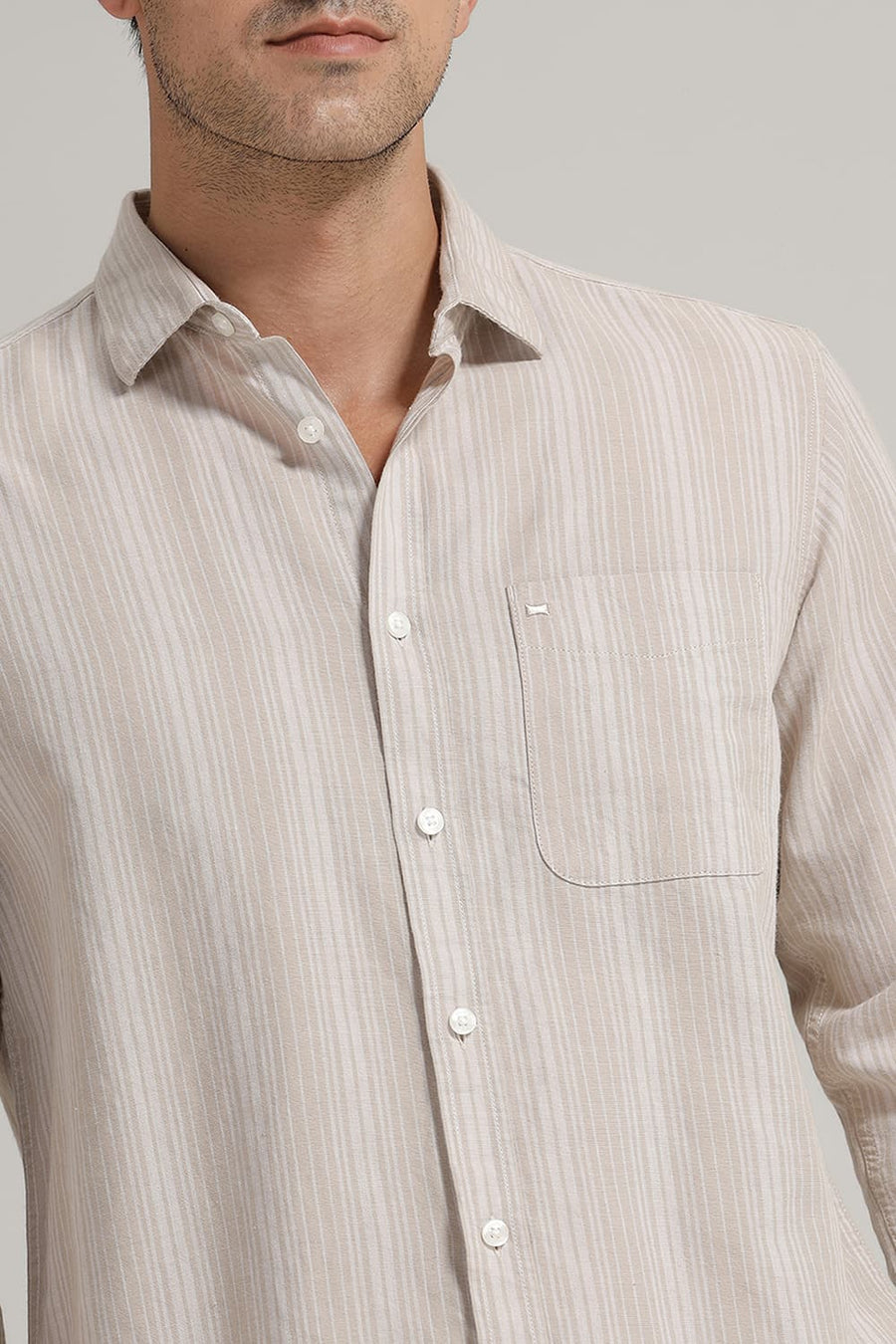 BASICS SLIM FIT NATURAL PALE COTTON LINEN STRIPE SHIRT