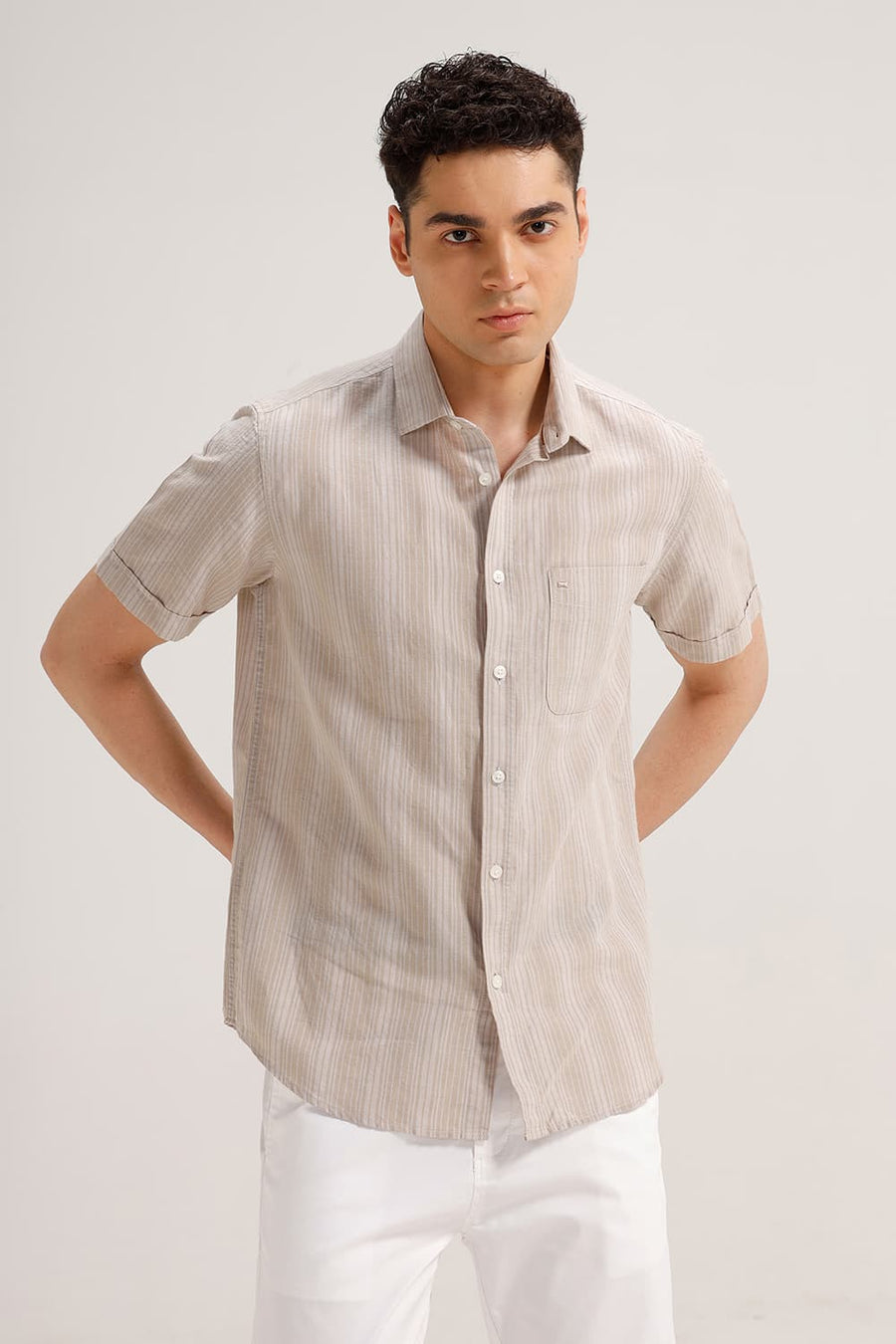 BASICS SLIM FIT NATURAL PALE COTTON LINEN STRIPE HALFSLEEVES SHIRT