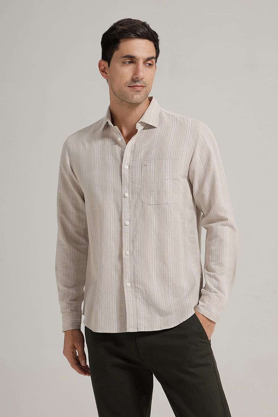 BASICS SLIM FIT NATURAL PALE COTTON LINEN STRIPE SHIRT
