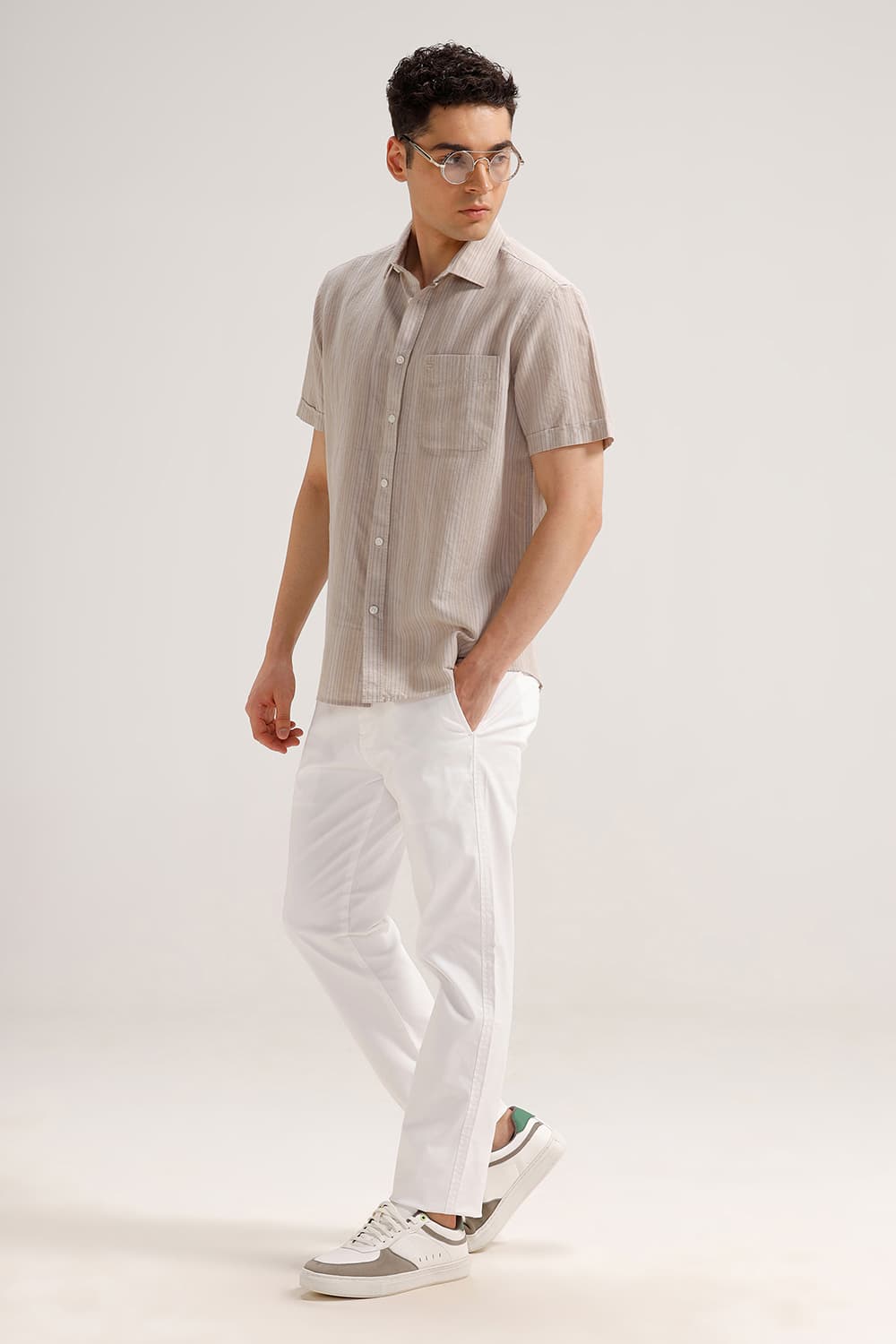 SLIM FIT COTTON LINEN STRIPE HALFSLEEVES SHIRT
