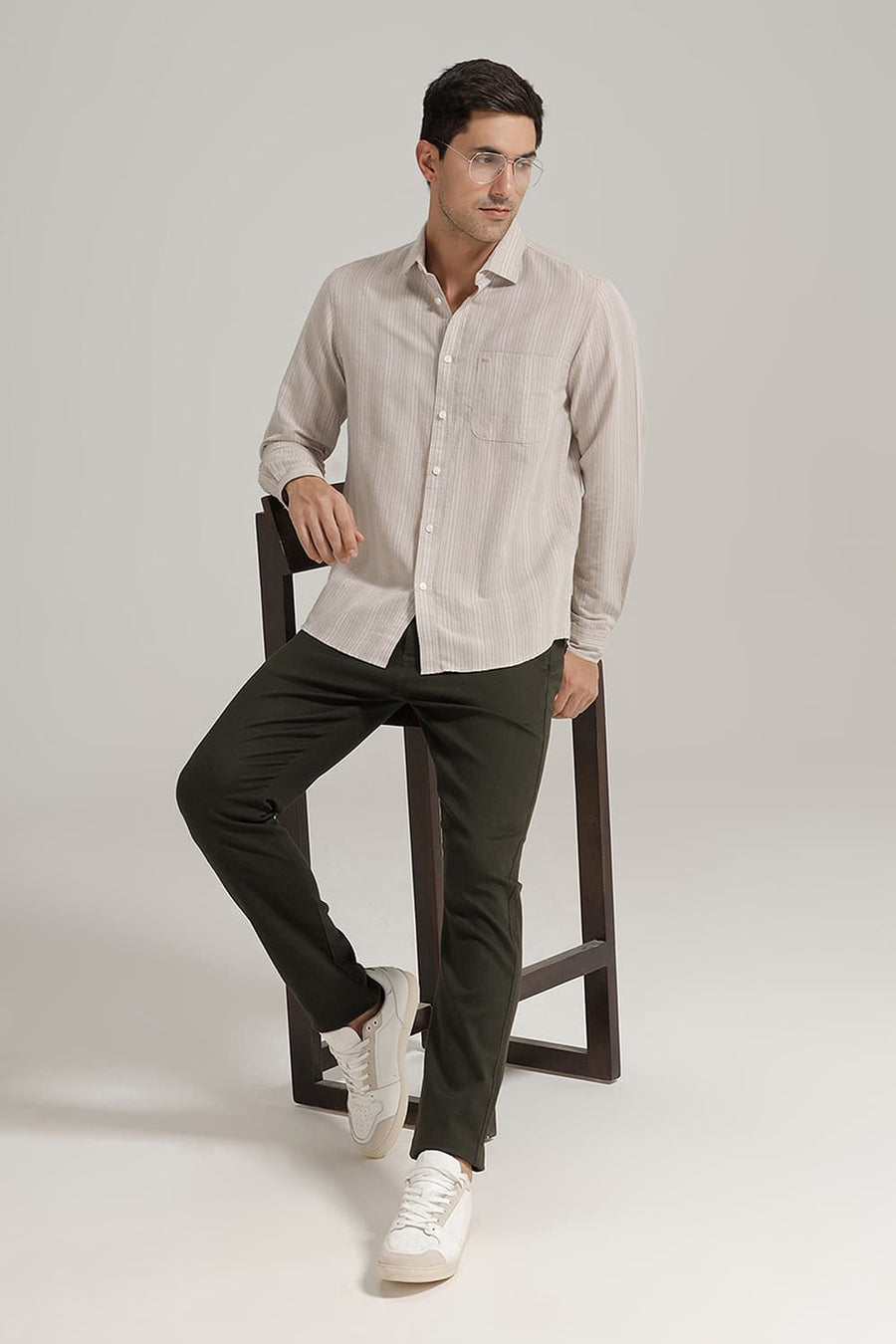 BASICS SLIM FIT NATURAL PALE COTTON LINEN STRIPE SHIRT
