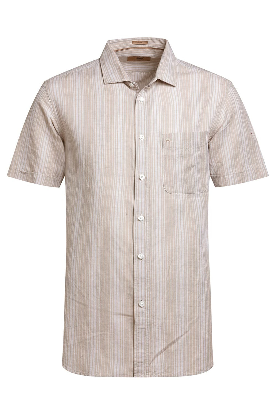 BASICS SLIM FIT NATURAL PALE COTTON LINEN STRIPE HALFSLEEVES SHIRT