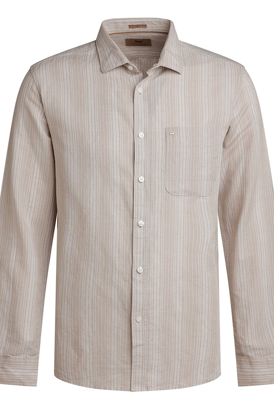 BASICS SLIM FIT NATURAL PALE COTTON LINEN STRIPE SHIRT