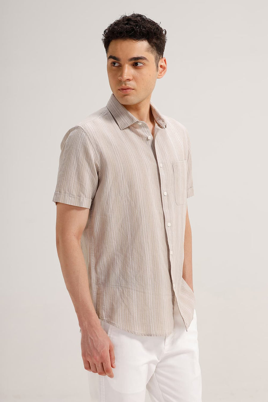 BASICS SLIM FIT NATURAL PALE COTTON LINEN STRIPE HALFSLEEVES SHIRT
