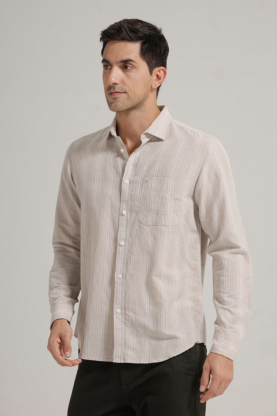 BASICS SLIM FIT NATURAL PALE COTTON LINEN STRIPE SHIRT