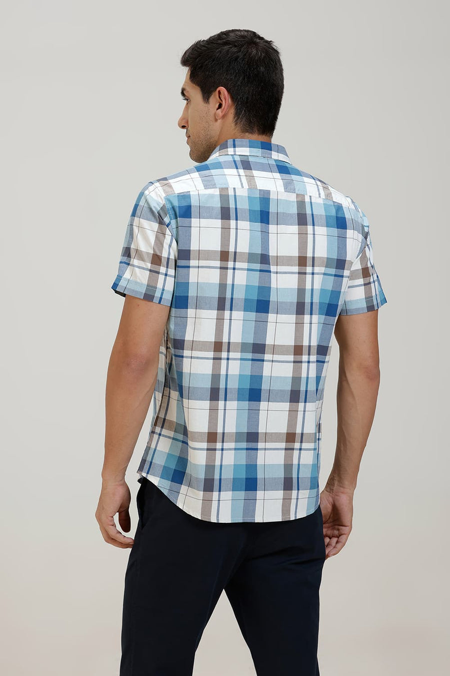 BASICS SLIM FIT COBALT BLUE COTTON CHECKS HALFSLEEVES SHIRT