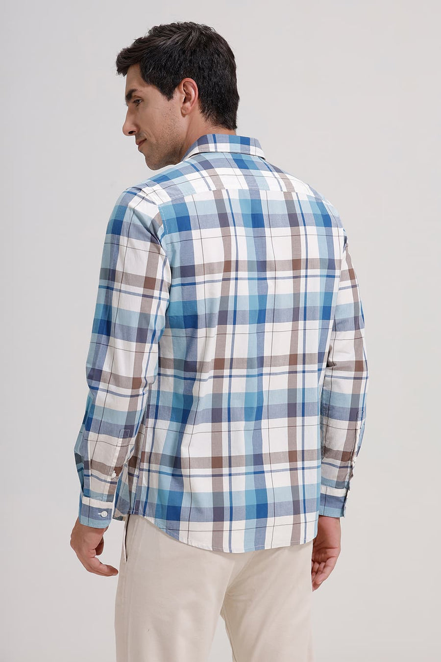 BASICS SLIM FIT COBALT BLUE COTTON CHECKS SHIRT