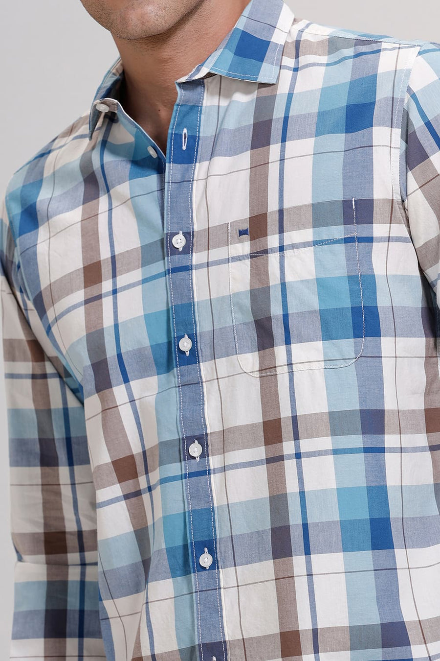BASICS SLIM FIT COBALT BLUE COTTON CHECKS SHIRT