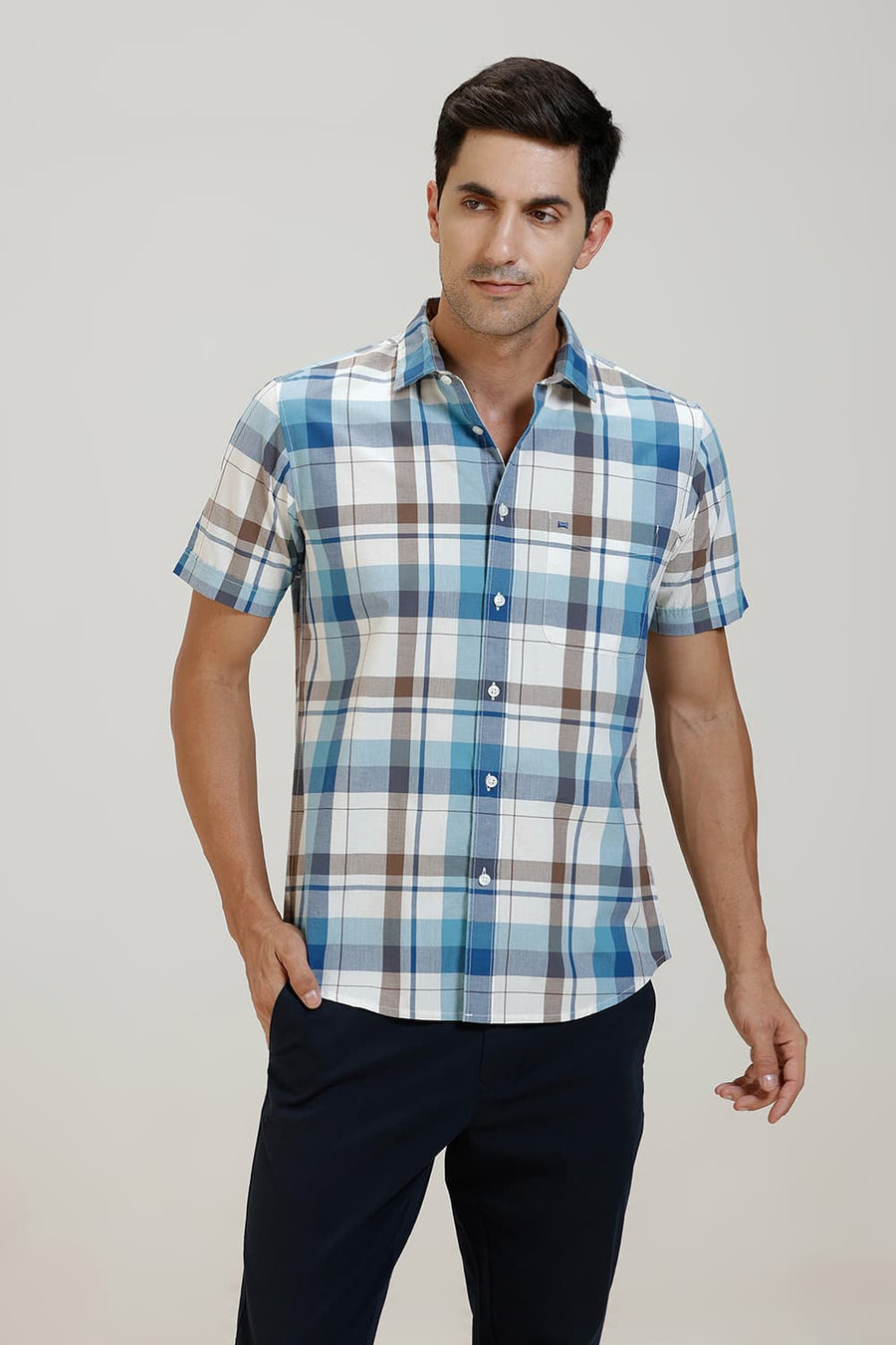BASICS SLIM FIT COBALT BLUE COTTON CHECKS HALFSLEEVES SHIRT