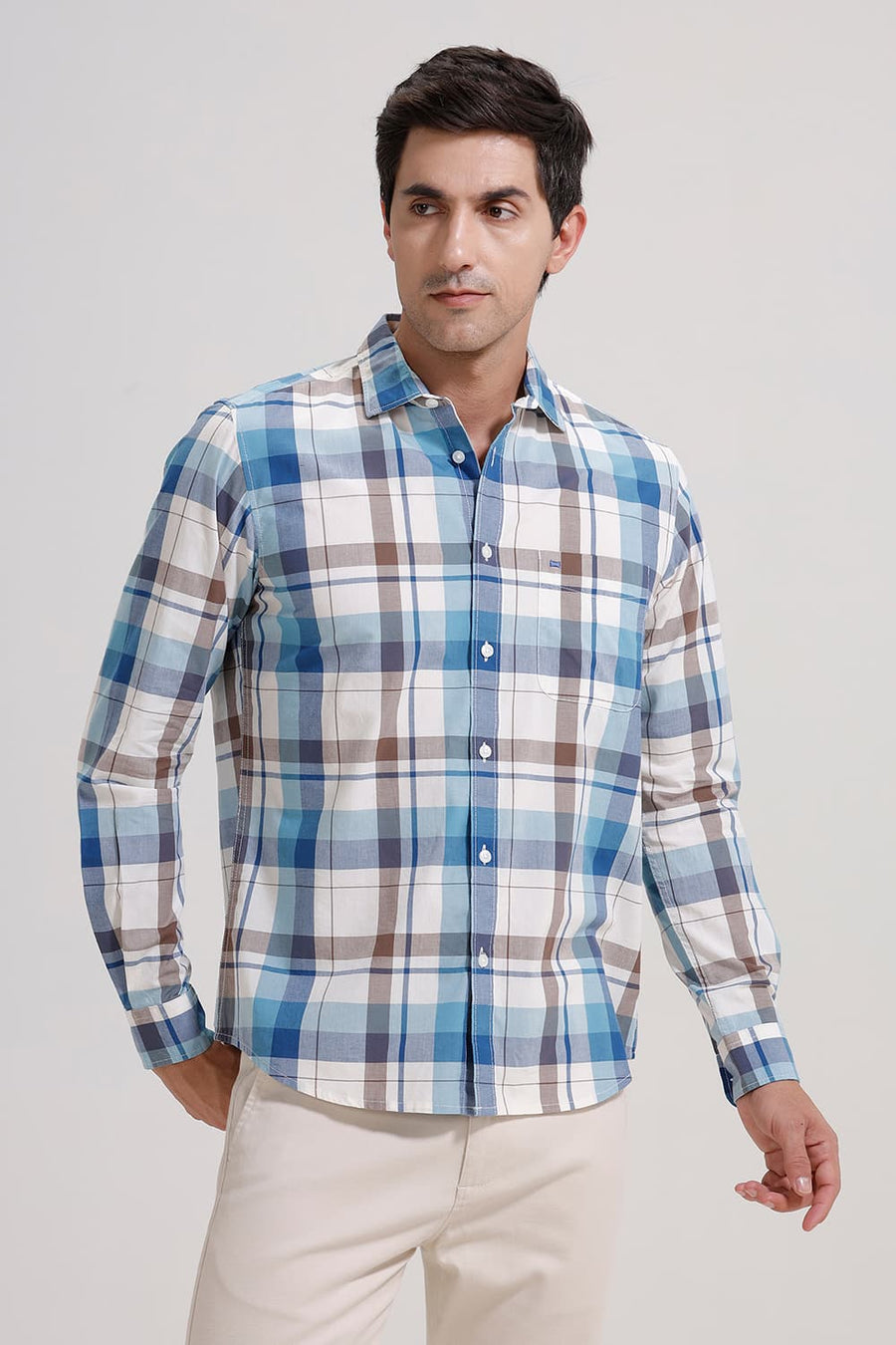 BASICS SLIM FIT COBALT BLUE COTTON CHECKS SHIRT