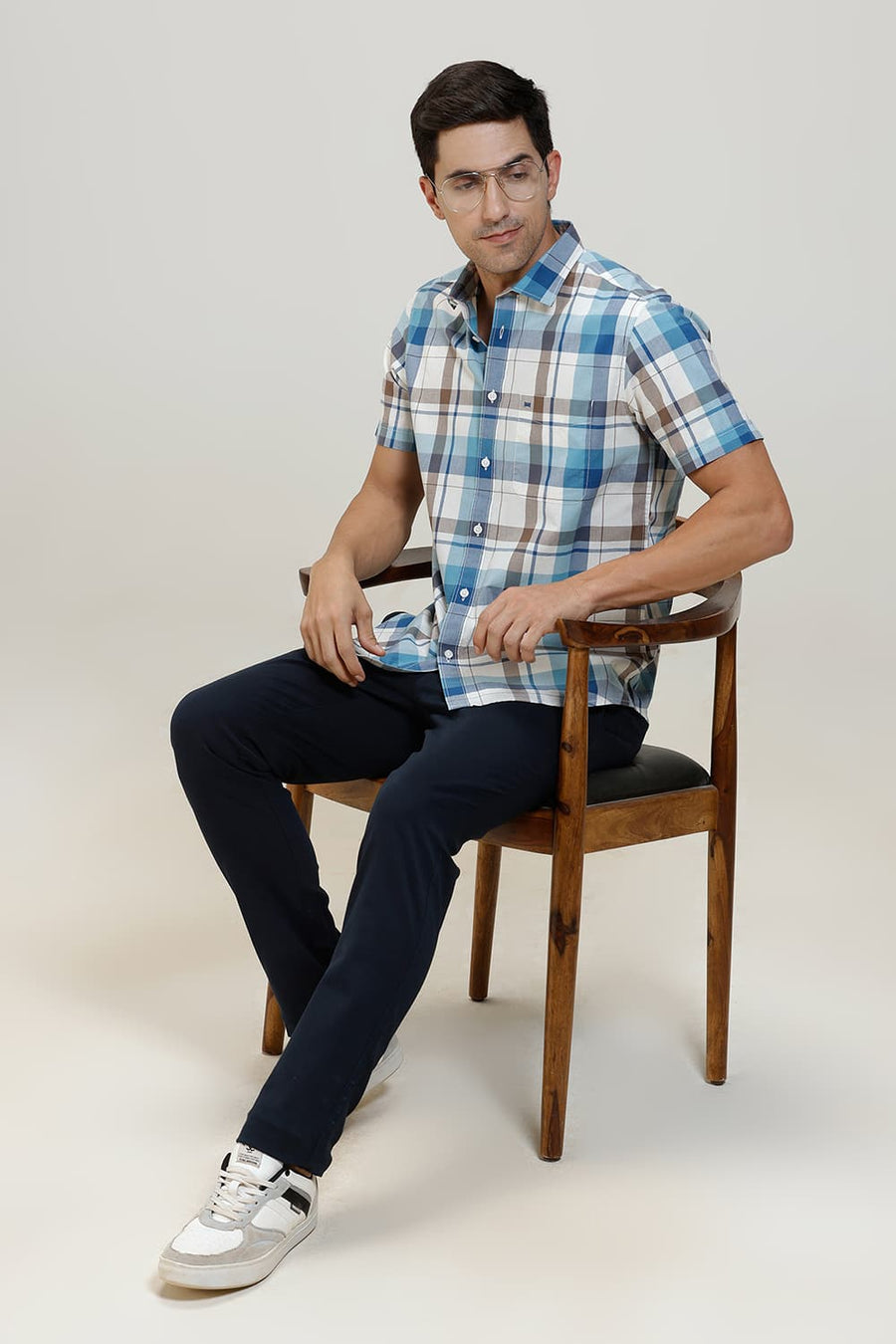 BASICS SLIM FIT COBALT BLUE COTTON CHECKS HALFSLEEVES SHIRT