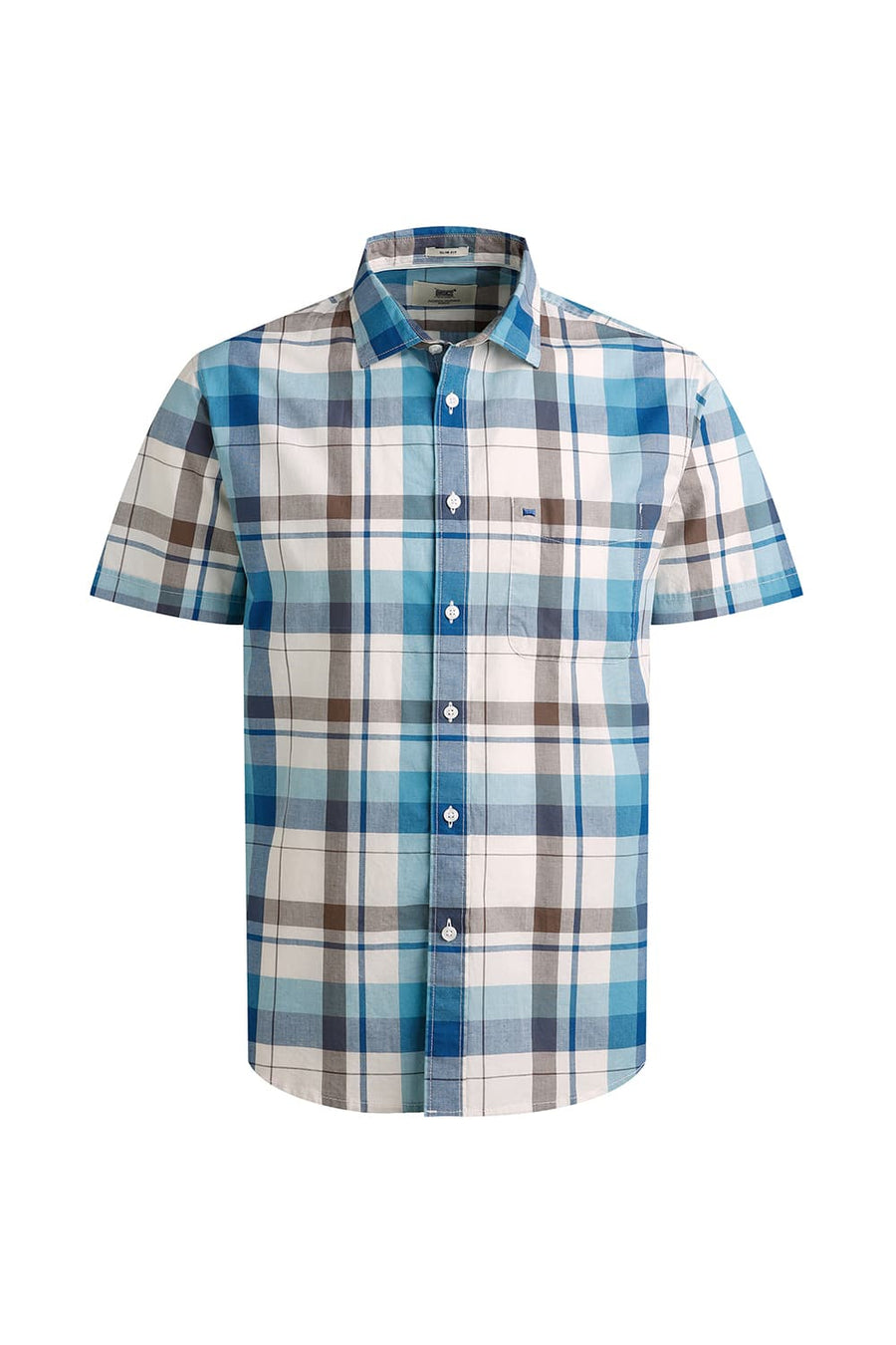 BASICS SLIM FIT COBALT BLUE COTTON CHECKS HALFSLEEVES SHIRT