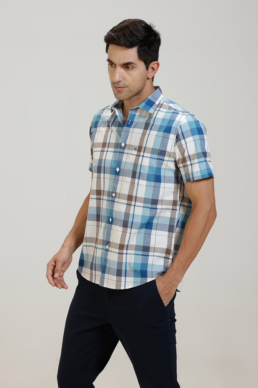 BASICS SLIM FIT COBALT BLUE COTTON CHECKS HALFSLEEVES SHIRT