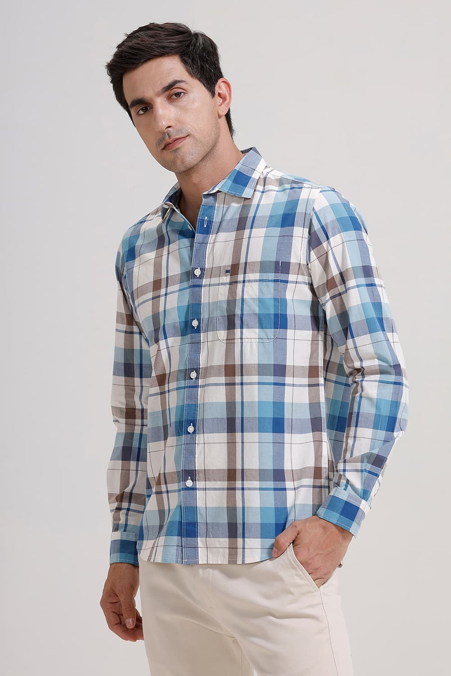BASICS SLIM FIT COBALT BLUE COTTON CHECKS SHIRT
