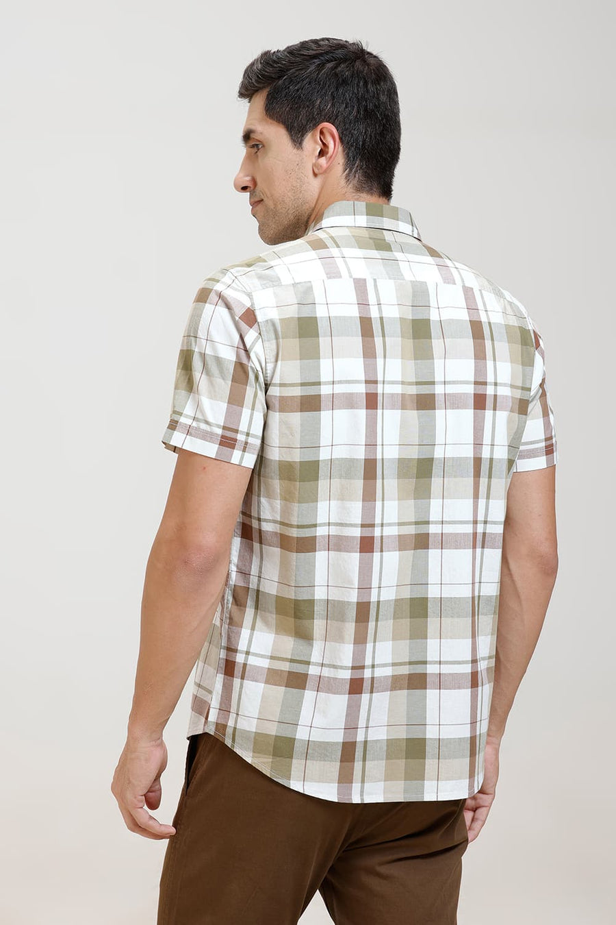 BASICS SLIM FIT OLIVE CHIVE COTTON CHECKS HALFSLEEVES SHIRT