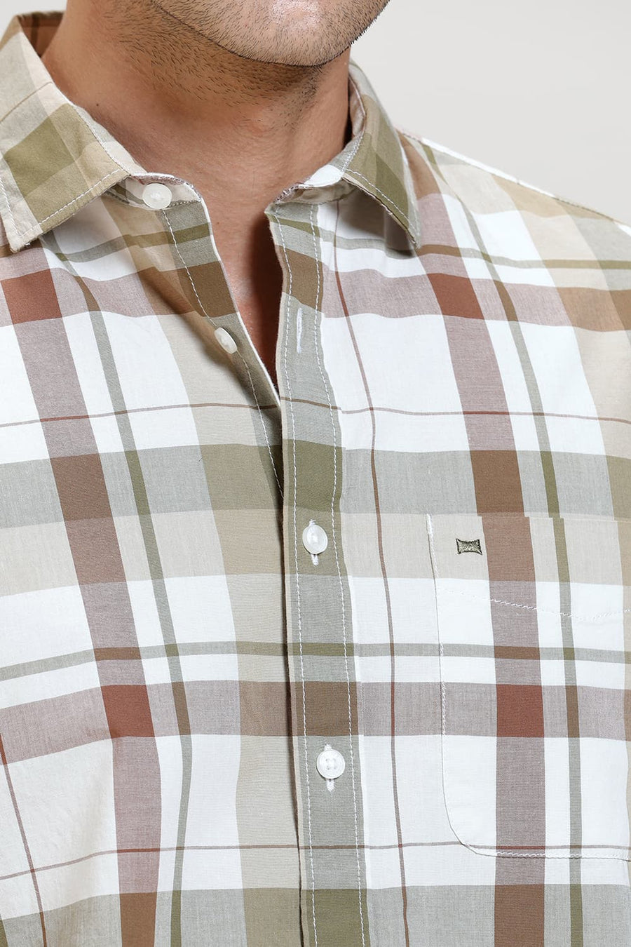 BASICS SLIM FIT OLIVE CHIVE COTTON CHECKS HALFSLEEVES SHIRT