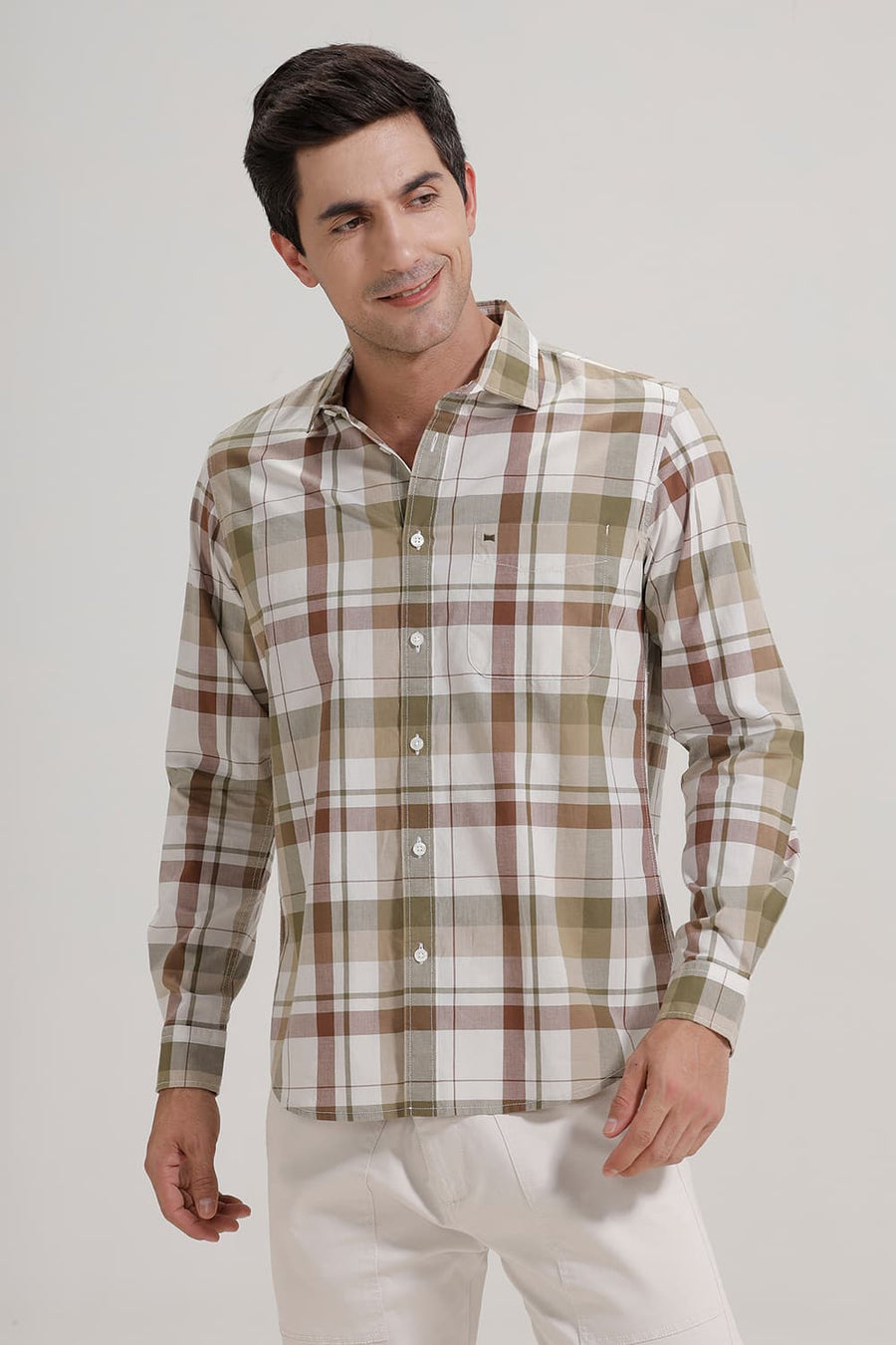 BASICS SLIM FIT OLIVE CHIVE COTTON CHECKS SHIRT