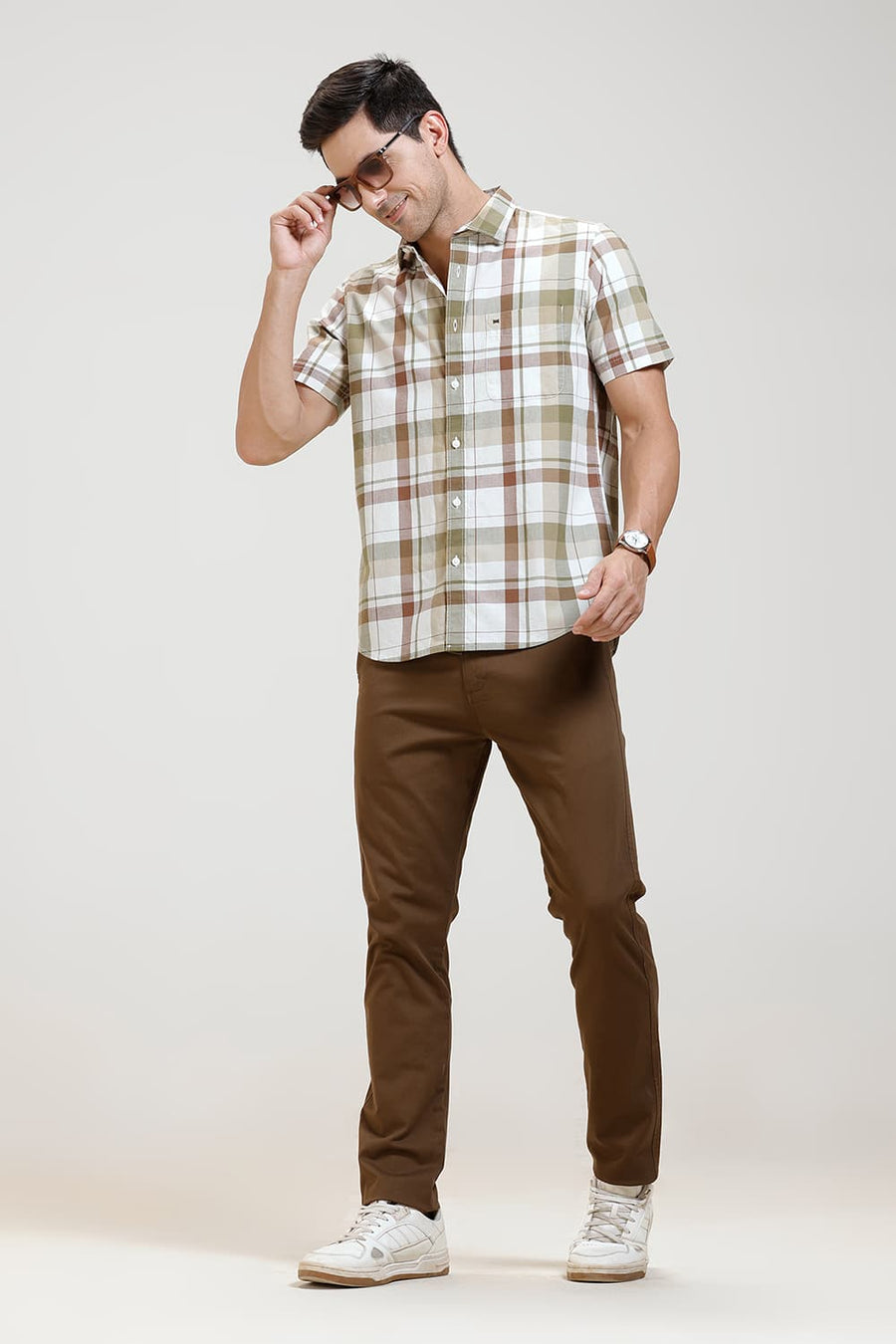 BASICS SLIM FIT OLIVE CHIVE COTTON CHECKS HALFSLEEVES SHIRT