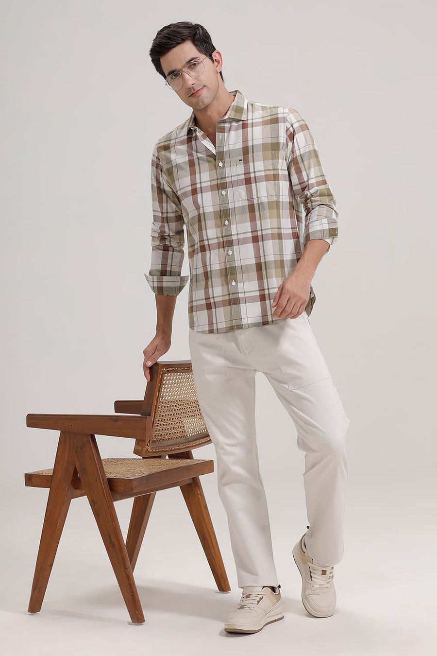 BASICS SLIM FIT OLIVE CHIVE COTTON CHECKS SHIRT