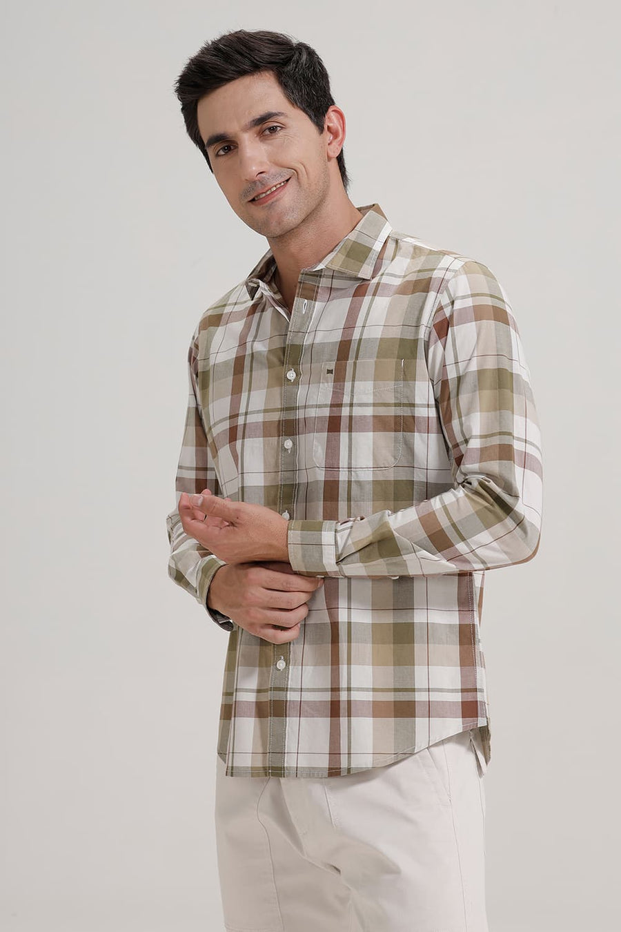 BASICS SLIM FIT OLIVE CHIVE COTTON CHECKS SHIRT