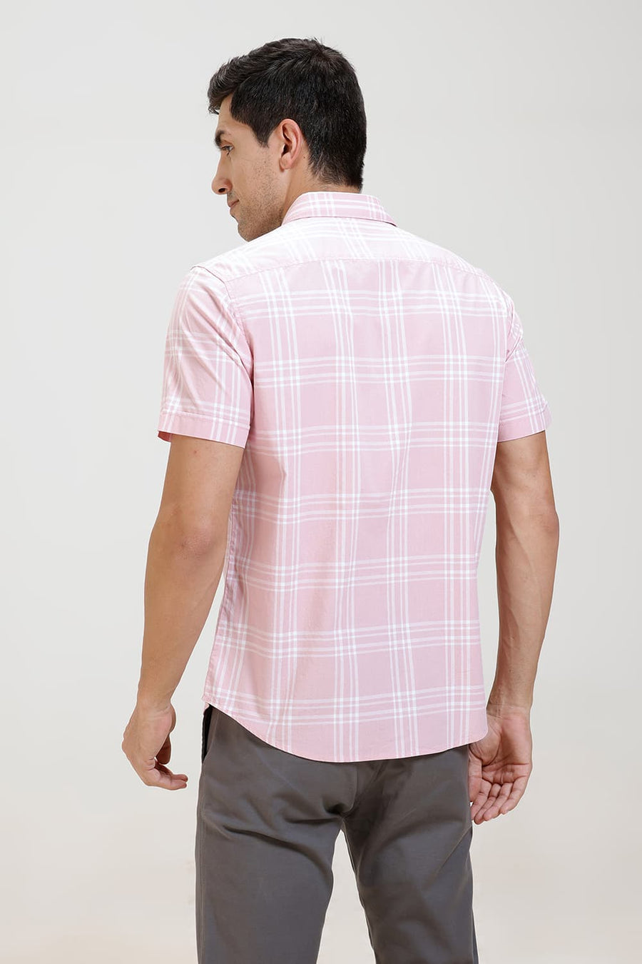 BASICS SLIM FIT CORAL PINK COTTON CHECKS HALFSLEEVES SHIRT