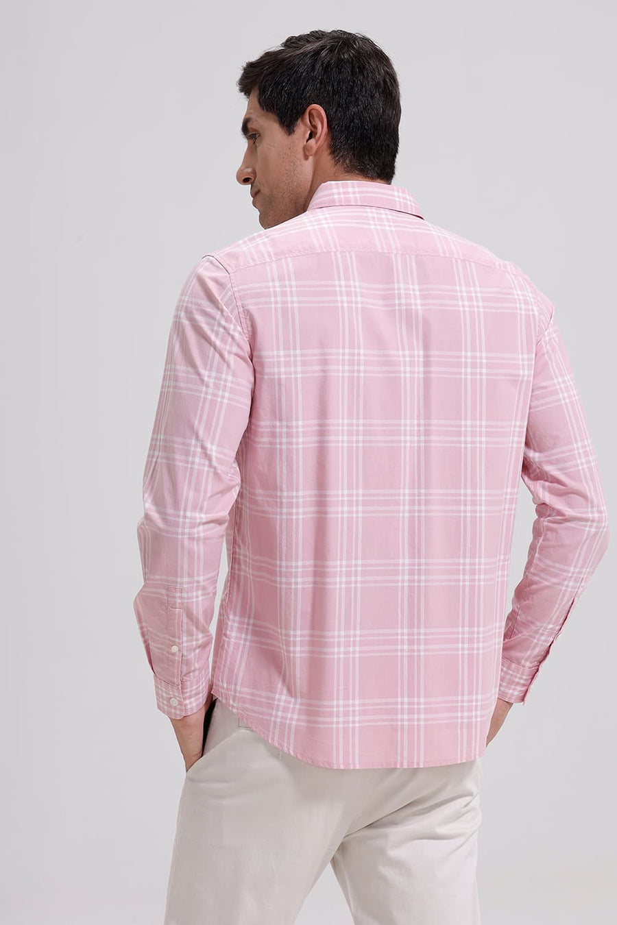 BASICS SLIM FIT CORAL PINK COTTON CHECKS SHIRT
