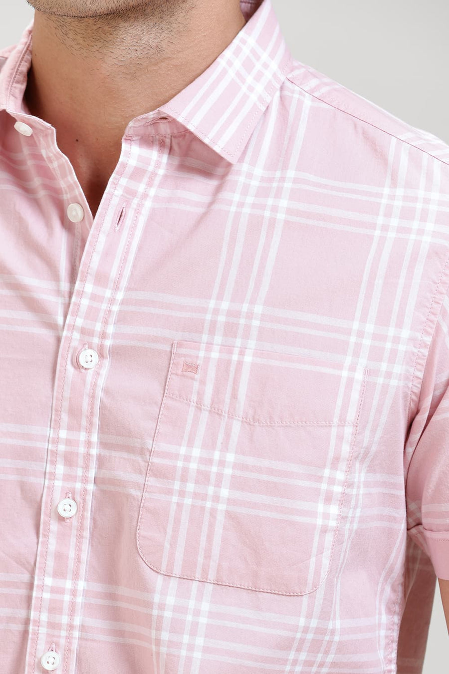 BASICS SLIM FIT CORAL PINK COTTON CHECKS HALFSLEEVES SHIRT