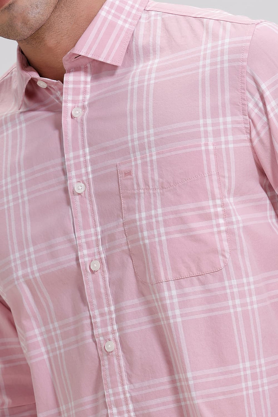 BASICS SLIM FIT CORAL PINK COTTON CHECKS SHIRT