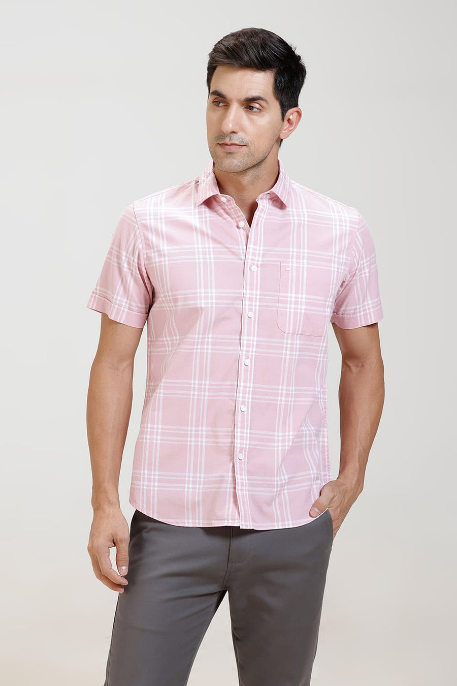 BASICS SLIM FIT CORAL PINK COTTON CHECKS HALFSLEEVES SHIRT