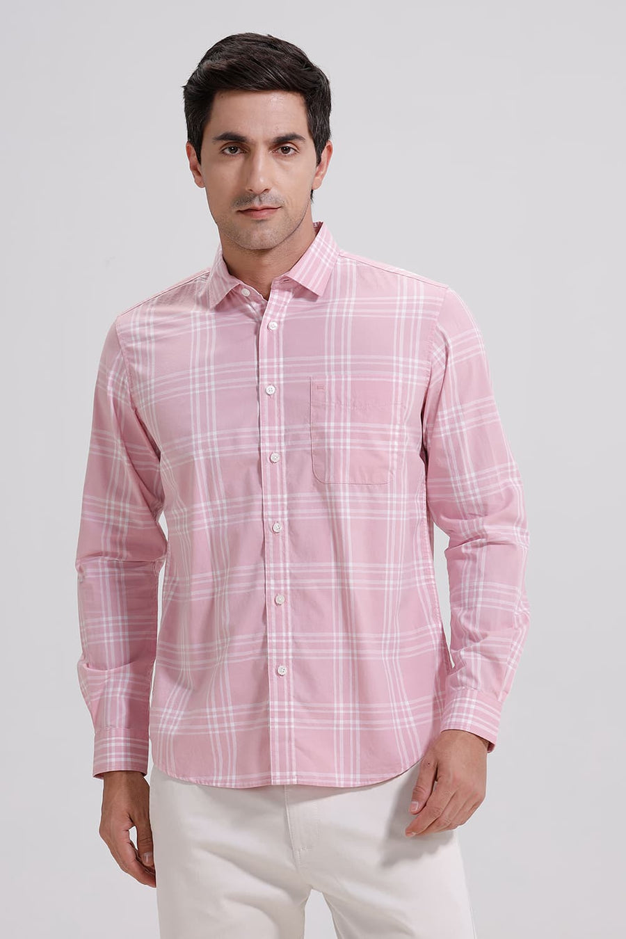 BASICS SLIM FIT CORAL PINK COTTON CHECKS SHIRT