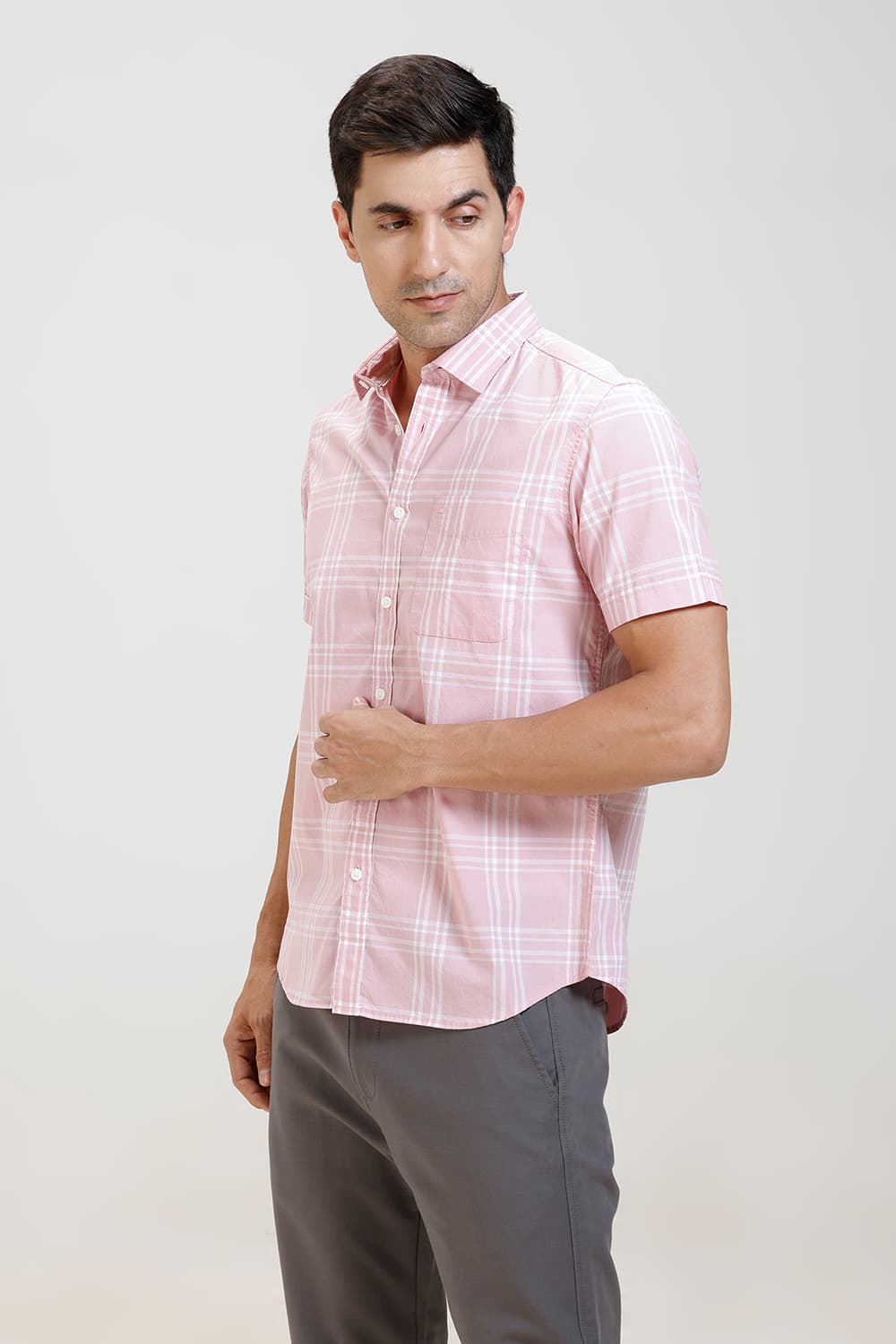 SLIM FIT COTTON CHECKS HALFSLEEVES SHIRT