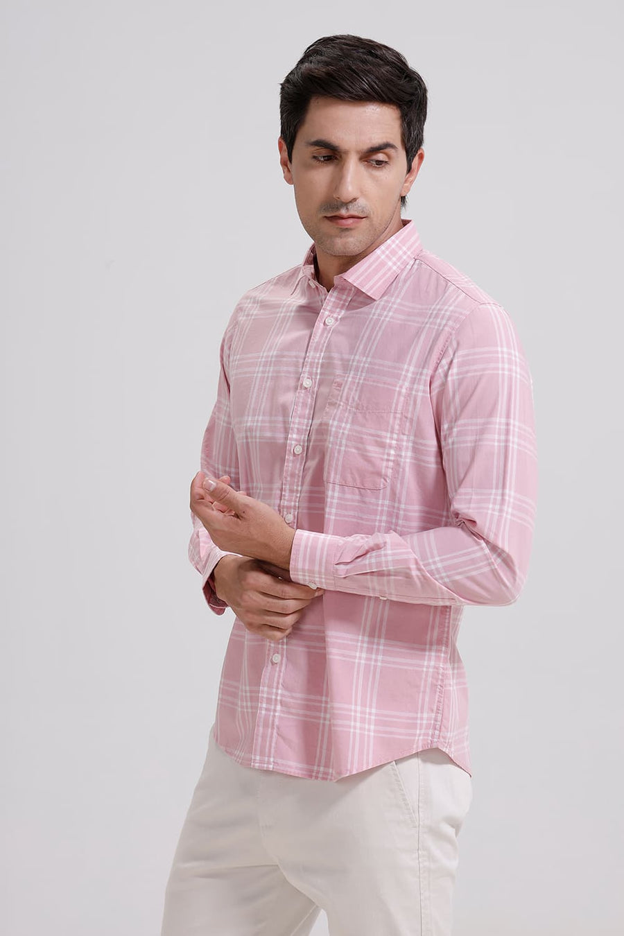 BASICS SLIM FIT CORAL PINK COTTON CHECKS SHIRT