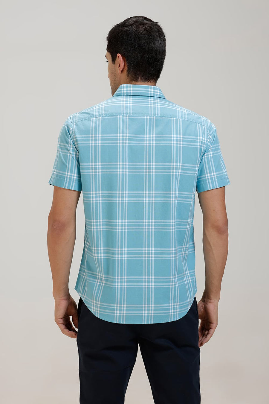 BASICS SLIM FIT AQUA SEA COTTON CHECKS HALFSLEEVES SHIRT