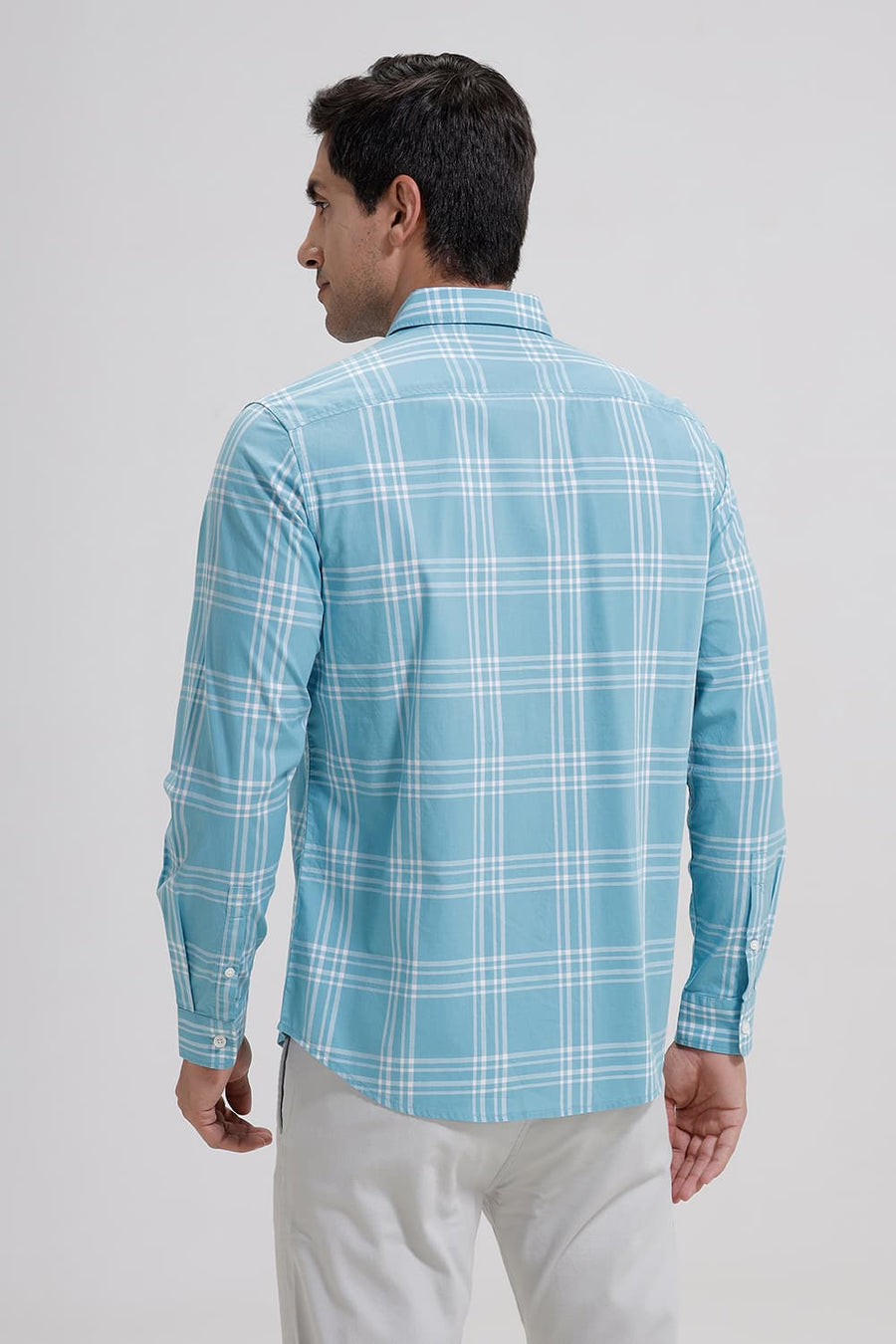 BASICS SLIM FIT AQUA SEA COTTON CHECKS SHIRT