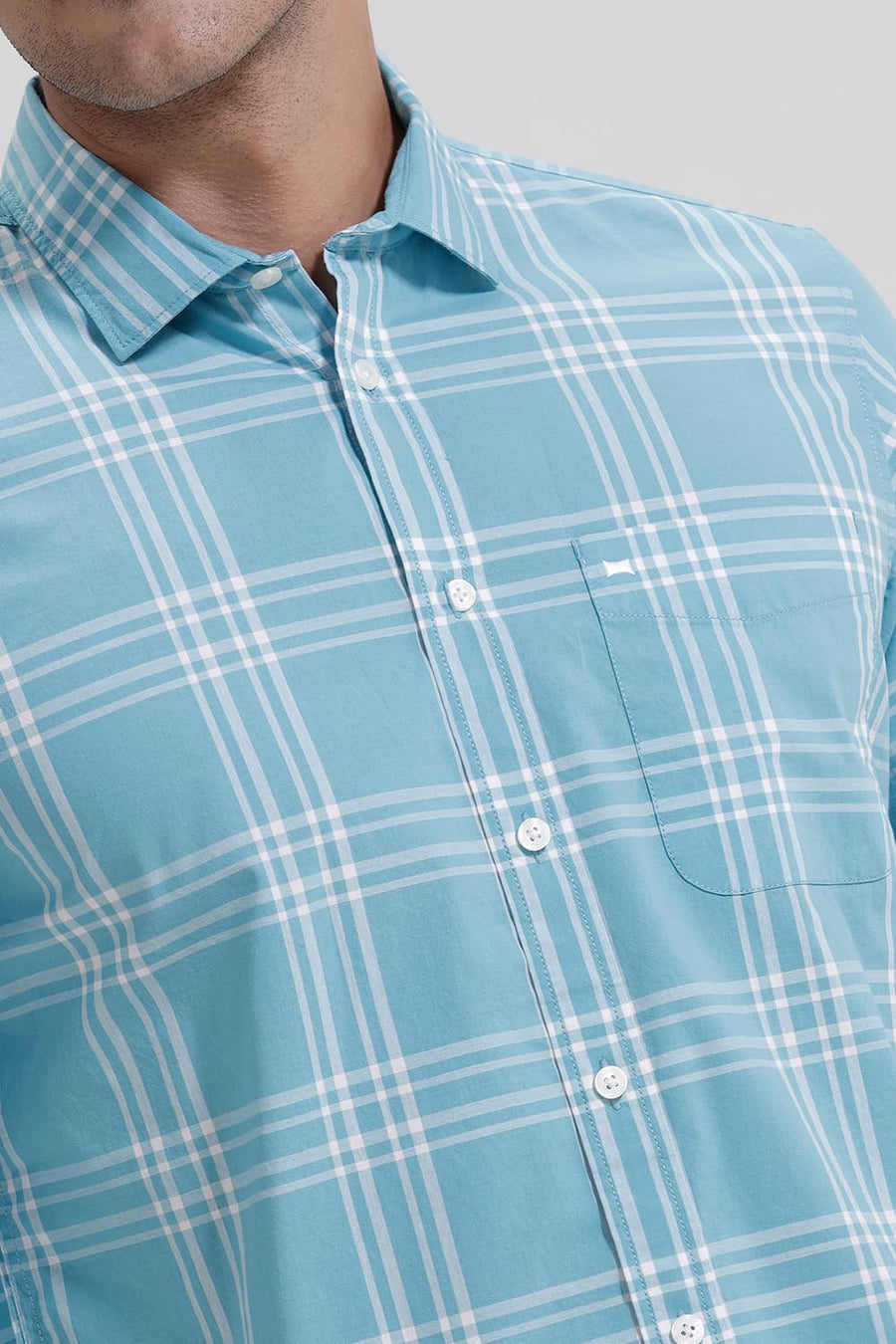 BASICS SLIM FIT AQUA SEA COTTON CHECKS SHIRT