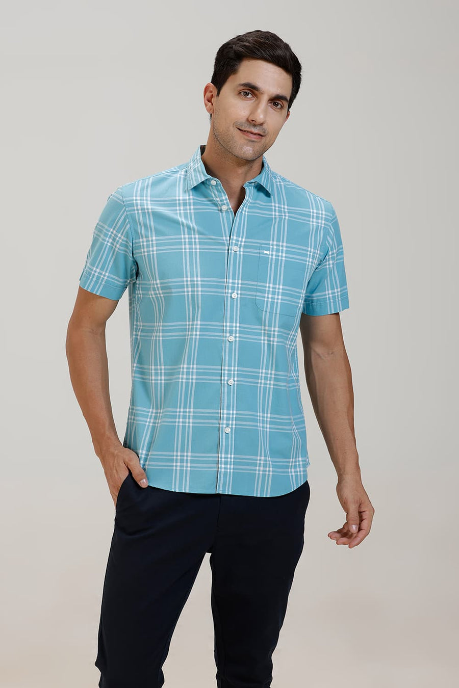 BASICS SLIM FIT AQUA SEA COTTON CHECKS HALFSLEEVES SHIRT