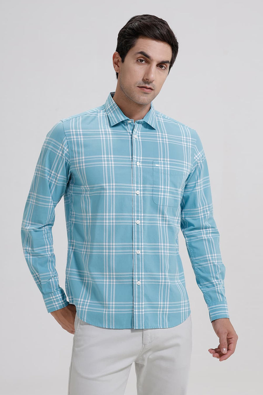 BASICS SLIM FIT AQUA SEA COTTON CHECKS SHIRT