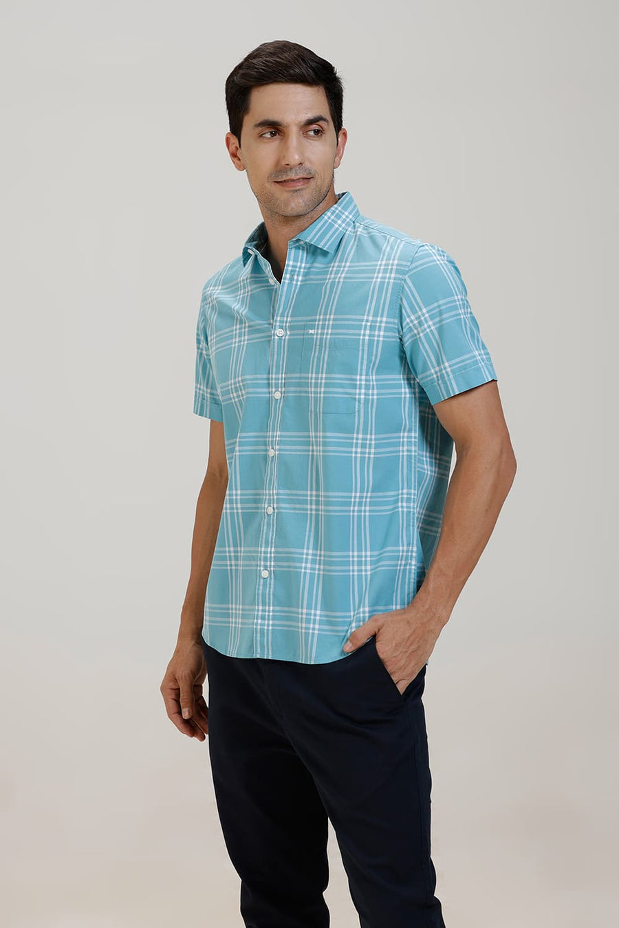 BASICS SLIM FIT AQUA SEA COTTON CHECKS HALFSLEEVES SHIRT