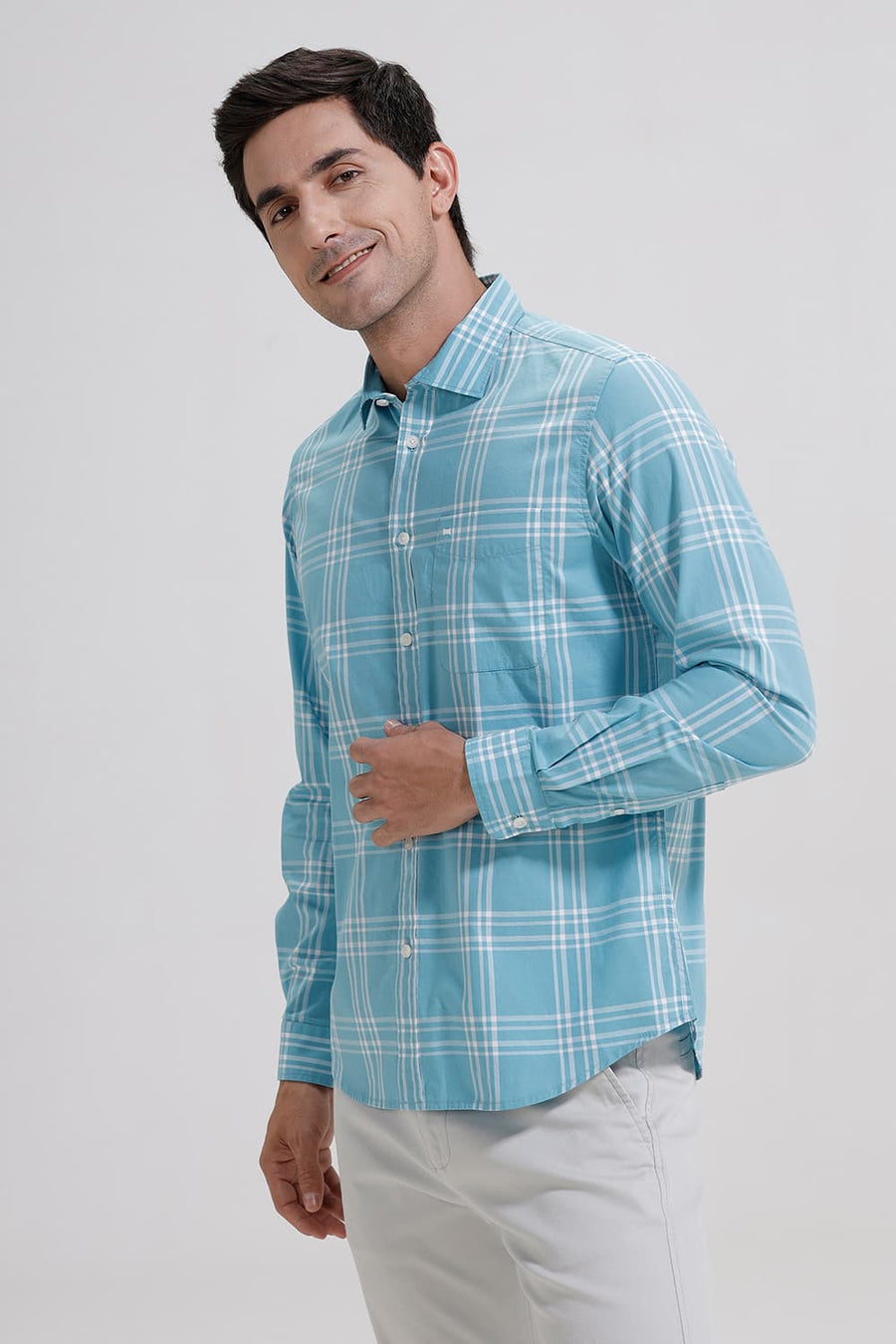 BASICS SLIM FIT AQUA SEA COTTON CHECKS SHIRT