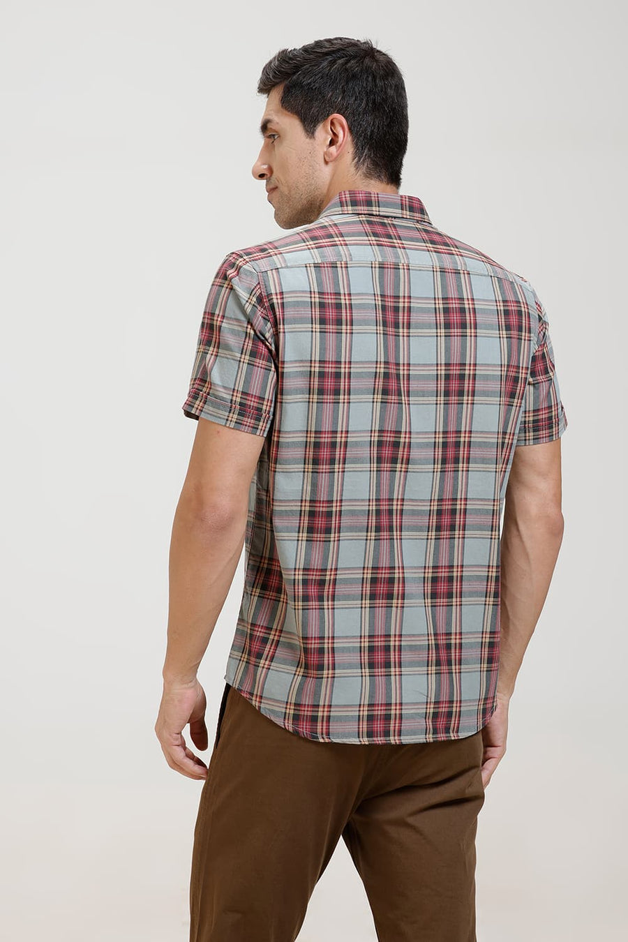 BASICS SLIM FIT JADEITE GREY TWILL CHECKS HALFSLEEVES SHIRT