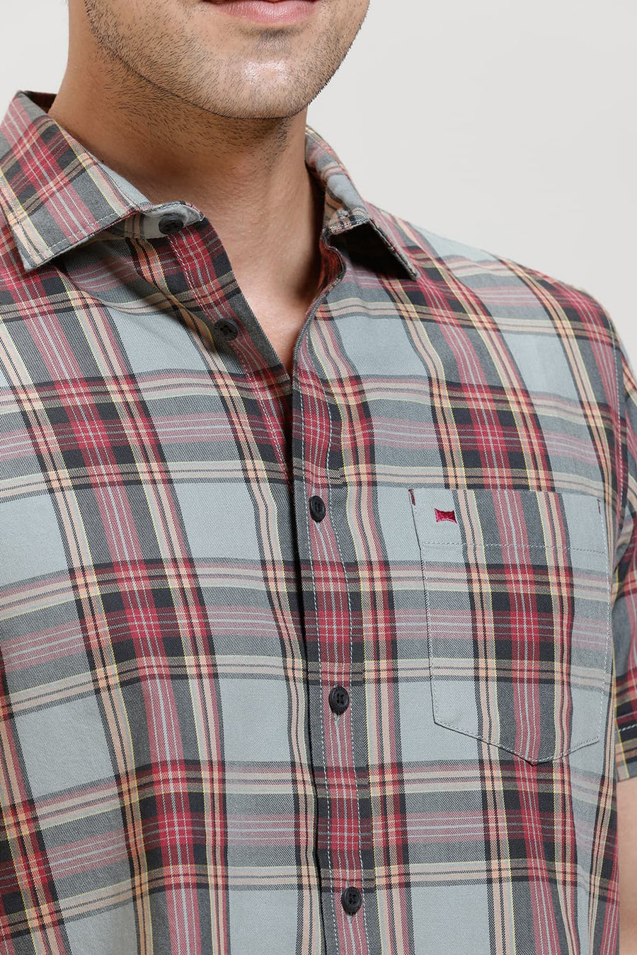 BASICS SLIM FIT JADEITE GREY TWILL CHECKS HALFSLEEVES SHIRT