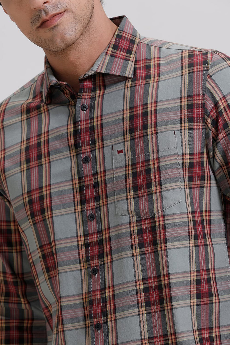 BASICS SLIM FIT JADEITE GREY TWILL CHECKS SHIRT