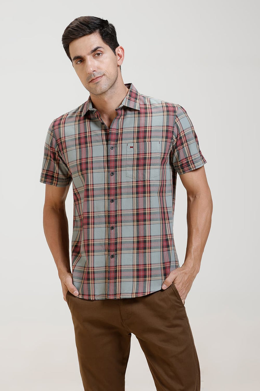 BASICS SLIM FIT JADEITE GREY TWILL CHECKS HALFSLEEVES SHIRT
