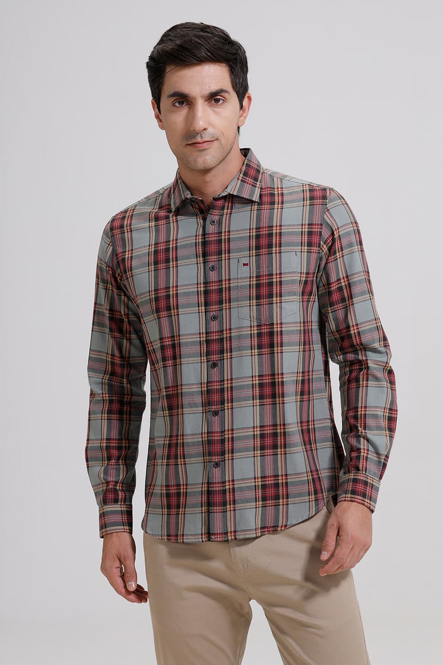 BASICS SLIM FIT JADEITE GREY TWILL CHECKS SHIRT