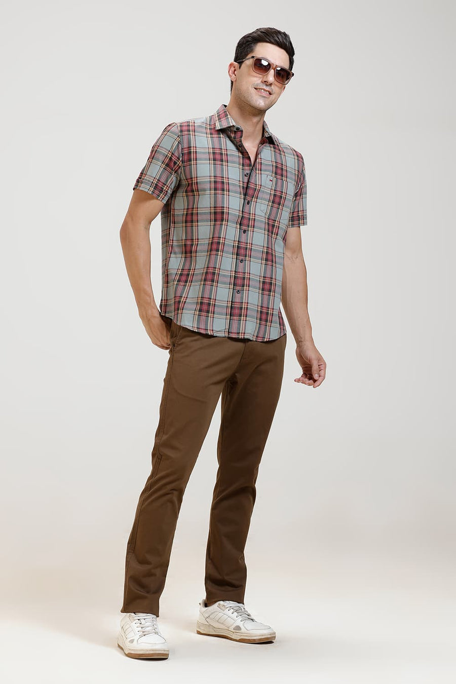 BASICS SLIM FIT JADEITE GREY TWILL CHECKS HALFSLEEVES SHIRT