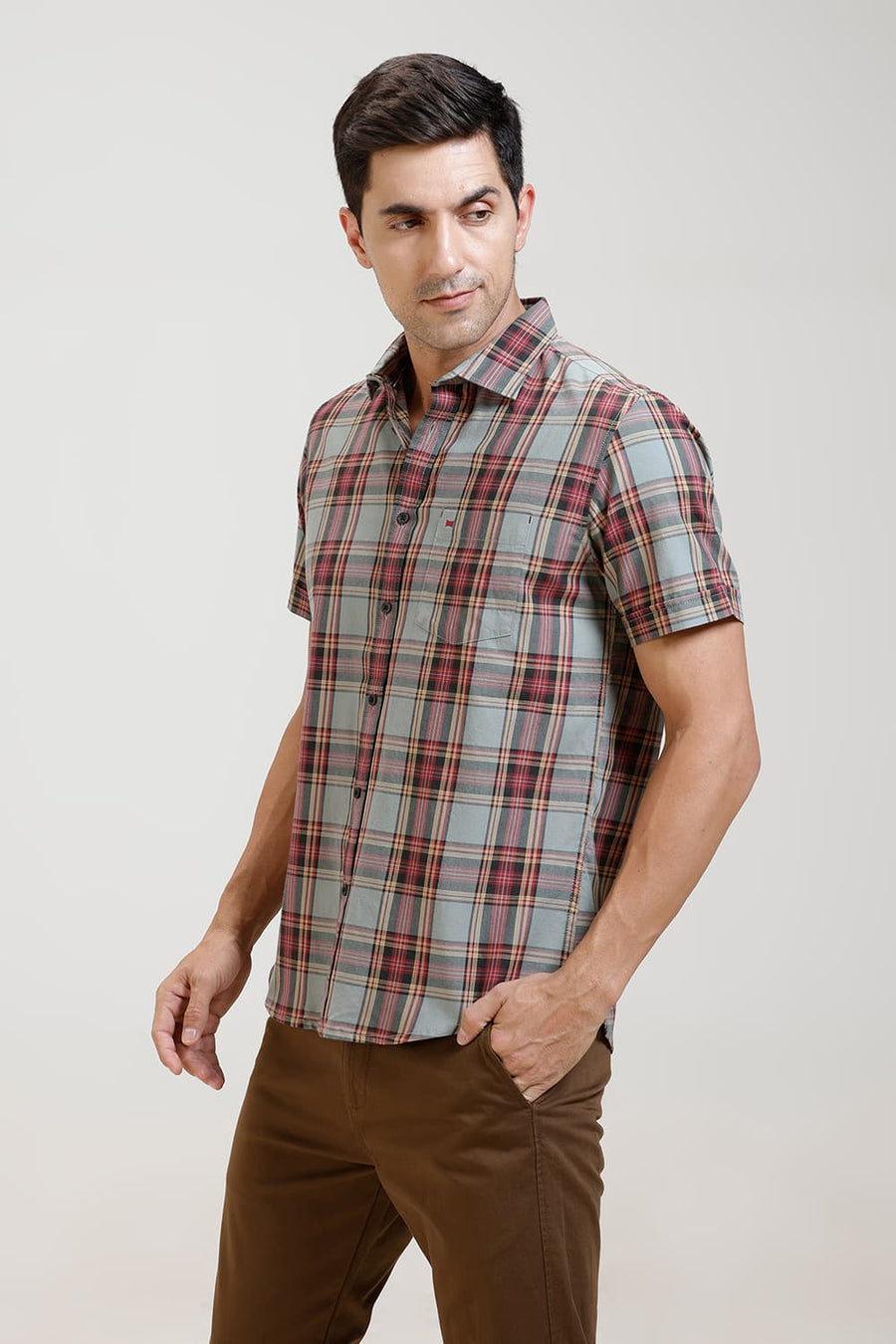 BASICS SLIM FIT JADEITE GREY TWILL CHECKS HALFSLEEVES SHIRT