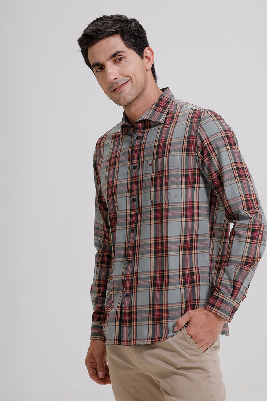 BASICS SLIM FIT JADEITE GREY TWILL CHECKS SHIRT