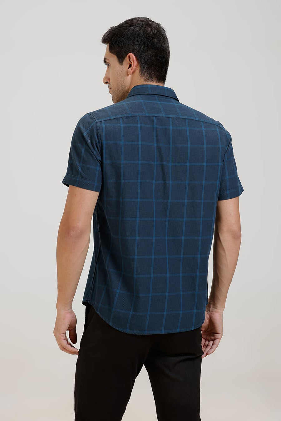 BASICS SLIM FIT LEGION NAVY TWILL CHECKS HALFSLEEVES SHIRT