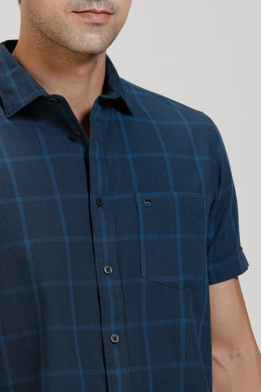 BASICS SLIM FIT LEGION NAVY TWILL CHECKS HALFSLEEVES SHIRT